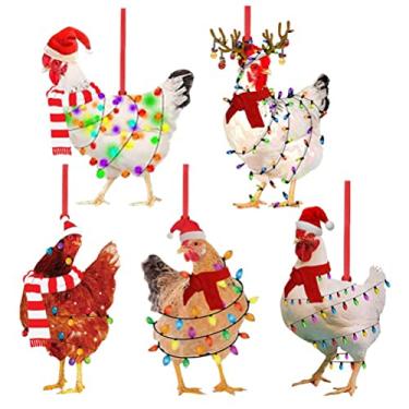 Imagem de Cachecol de Natal, pingente de galinha, enfeite de galo de madeira para pendurar em árvore de Natal, decoração de casa