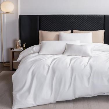 Imagem de MooMee Conjunto de capa de edredom 100% algodão extra longo 600 fios cetim sedoso macio macio respirável durável roupa de cama de qualidade hoteleira, 3 peças (branco, super queen 228 x 248 cm)
