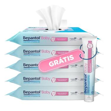 Imagem de Kit 5 Lenços Umedecido 240und + Pomada Assadura 60g Bepantol