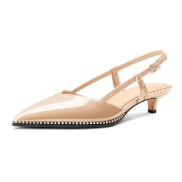Imagem de Aachcol Sandálias femininas de salto baixo com bico fino e salto baixo gatinho de couro envernizado prata com contas e fivela sapatos de formatura de 3,5 cm, Bege, 41