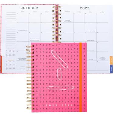 Imagem de ban.do Agenda diária e semanal grande de 17 meses, datada de agosto de 2025 a dezembro de 2026, diário de autocuidado de capa dura, agenda espiral com calendário mensal, adesivos, arte e páginas bônus