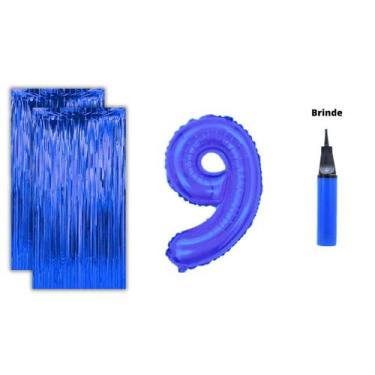 Imagem de Kit 2 Cortinas Metalizadas e Balão Número +Inflador Ar- Azul - Partiuf