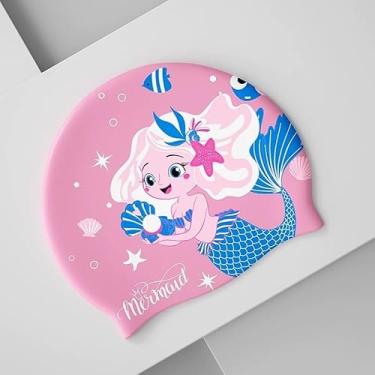 Imagem de Touca de natação infantil de silicone para meninos meninas crianças adolescentes (3-12 anos) cobertura de orelha touca de natação impermeável mantém o cabelo seco toucas de natação (sereia rosa)
