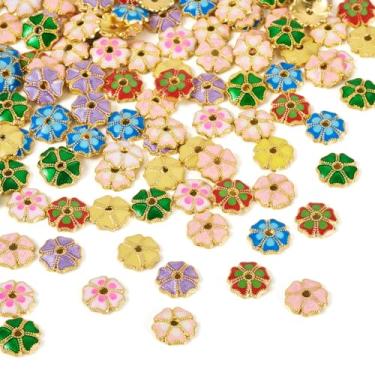 Imagem de Spritewelry 160 peças de tampas de contas de flores, tampas douradas vintage de 5 pétalas florais, 8,5 mm, 8 cores, liga esmaltada, espaçador, contas, terminais para fazer joias, brincos, colar