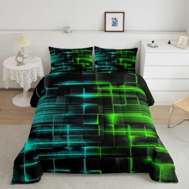 Imagem de Feelyou Conjunto de edredom Queen geométrico verde e azul, para meninos, geométrico, com linhas geométricas, arte abstrata, conjunto de edredom para decoração de quarto