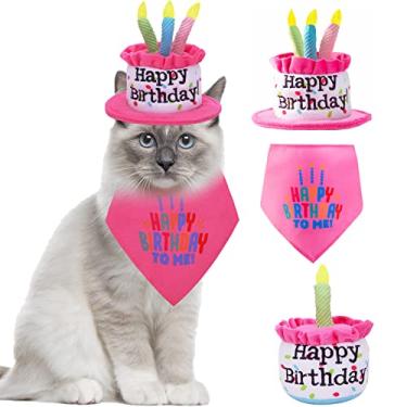 Imagem de Ushang Pet Chapéu de bolo de feliz aniversário para cães pequenos com velas coloridas, cachecóis bandana e bolo de aniversário, conjunto de brinquedos rosa, decoração de artigos de festa de