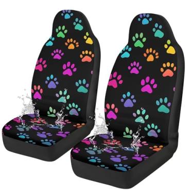 Imagem de Qpednta Capas de assento de carro coloridas patas de cachorro capas de assento dianteiras à prova d'água fácil instalação capa de tecido de poliéster elástico proteção acessórios internos universal