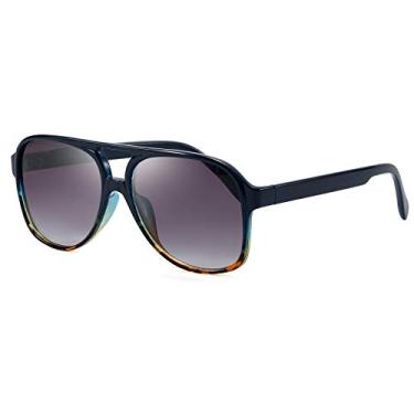 Imagem de Dollger Óculos de sol estilo aviador retrô para mulheres, homens, clássico, vintage, armação quadrada, óculos de sol anos 70, A8: top azul e inferior estampa de leopardo cinza dégradé, Large