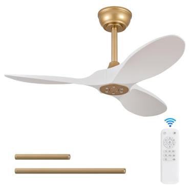 Imagem de BOJUE Ventilador De Teto Branco E Dourado Sem Luz Com Controle Remoto, 36" Madeira Luz, Motor Dc Reversível 6 Velocidades Para Pátios Internos Externos, Casa Fazenda