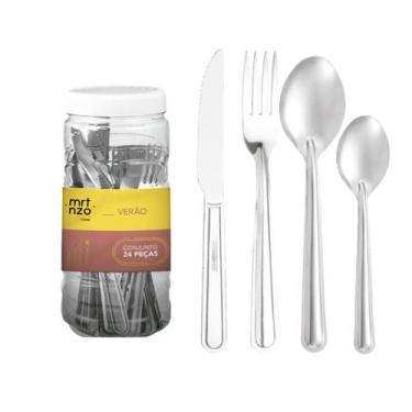 Imagem de Faqueiro Completo 24 Talheres Aço Inox + Pote Jogo Faqueiro inox 24 pç