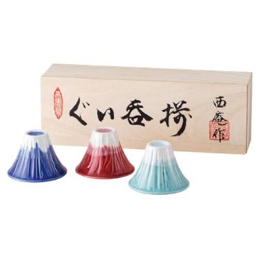 Imagem de Waraku Fuuka Copo de saquê japonês Monte Fuji Design Vinho Soju Porcelana Presentes Ochoko (Azul Vermelho Neve, 3 Ochoko)