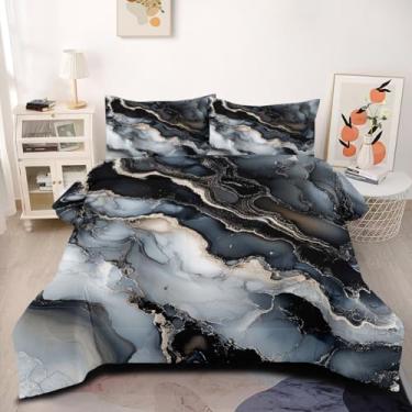 Imagem de CCoutueChen Conjunto de edredom King de mármore preto e branco, texturizado, abstrato, marmorizado, estilo pedra, geometria fluida moderna (1 edredom, 2 fronhas)