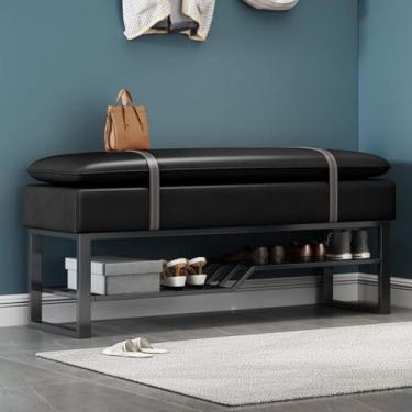 Imagem de Otomano, Banco De Sapatos De Metal Com Assento Falso Pu, Banco De Armazenamento De Sapatos Estofado Moderno Com Sapateira, Banco De Quarto Banco De Entrada De Acento De Fim De Cam, D, 80 * 34 * 46CM