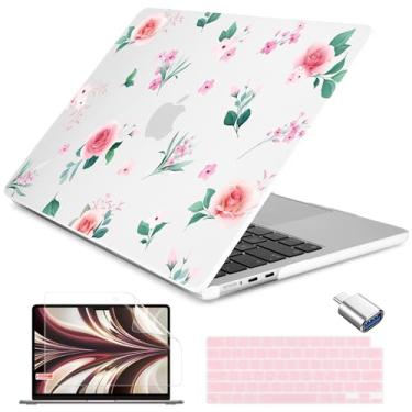 Imagem de Batianda Capa para MacBook Air 13 polegadas 2025 M4 2024 2022 modelo A3240 A3113 M3 A2681 M2, capa protetora de teclado e protetor de tela com design floral e adaptador USB-C, rosa pêssego