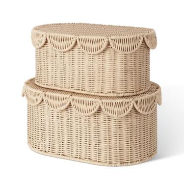 Imagem de GRANNY SAYS Cesta de plástico recortada com tampas, cestas de vime tecidas para organização, caixas decorativas com borda recortada, caixa de vime impermeável para prateleiras, banheiro, sala de estar