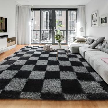 Imagem de KICMOR Tapetes de área de 15 x 23 cm para sala de estar, grande, fofo, macio, preto e cinza, xadrez, grande felpudo, tapete felpudo para quarto de crianças, meninos, meninas, quarto, berçário