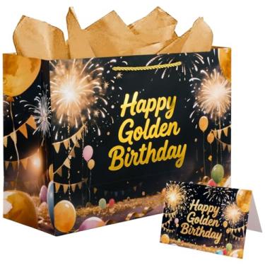 Imagem de Happy Bolsa de presente de aniversário dourada de 33 cm, com cartão e papel de seda para mulheres e homens, aniversário dourado