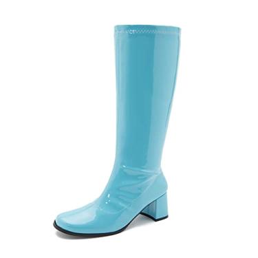Imagem de LIURUIJIA Botas femininas Gogo cano alto salto quadrado bico quadrado 70s discoteca fantasia botas, Azul, 41