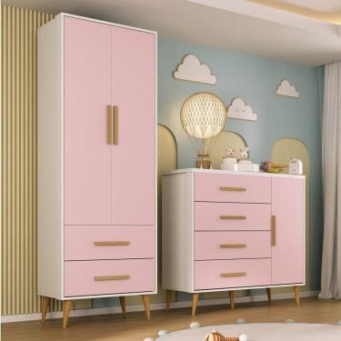 Imagem de Quarto Infantil com Guarda-Roupa 2 Portas 2 Gavetas com Cômoda Magia Espresso Móveis Branco/Rosa