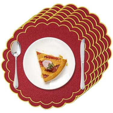 Imagem de Conjunto de 6 jogos americanos redondos de Natal, jogo americano de linho de algodão dourado vermelho de 38 cm com borda bordada recortada em camadas duplas laváveis sem vincos para decoração de mesa