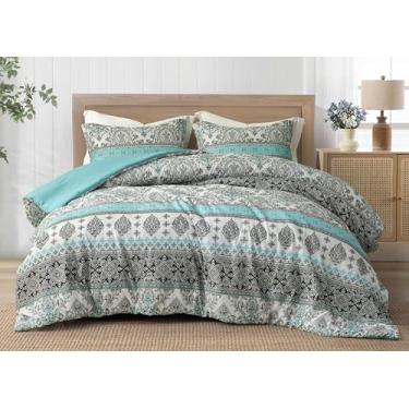Imagem de Chezmoi Collection Herald Conjunto de edredom estampado de 3 peças, azul aqua, preto, branco, boêmio, damasco – Roupa de cama leve de microfibra pré-lavada para todas as estações, tamanho Queen