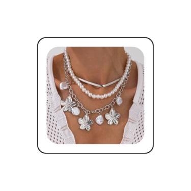 Imagem de Conjunto de colar de pérolas em camadas, gargantilha de 3 peças com pingentes de flores, espinha de peixe, corrente cubana, colar com pingente de pérola barroca, joia com pingente, One size, Liga de