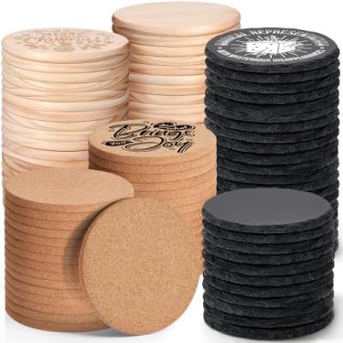 Imagem de Porta-copos de 90 peças a granel para gravação a laser, MAPRIAL de 10 cm, 30 peças de pedra de ardósia preta, 30 porta-copos de cortiça, 30 peças de madeira inacabada, materiais graváveis para