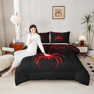 Imagem de Jogo de cama queen com aranha vermelha, teia de aranha, inseto, animal, aracnídeo, decoração de quarto para meninos, meninas, mulheres, homens, edredom gótico de Halloween, edredom retrô preto, 2