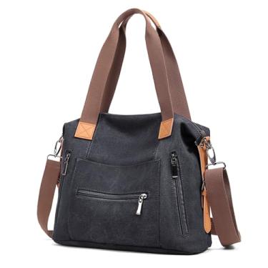 Imagem de DOURR Bolsa feminina de ombro de lona, casual, transversal, trabalho, viagem, Preto, Large