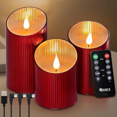 Imagem de LEDHOLYT Vela recarregável sem chama, vela falsa de vidro LED cintilante com controle remoto e temporizador, bateria incorporada, vela eletrônica de cera real para decoração de quarto, conjunto de 3