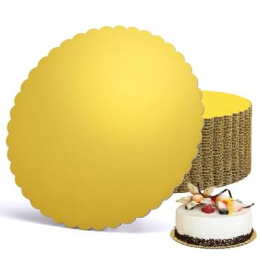 Imagem de EUSOAR Tábuas de bolo redondas de 25 cm, pacote com 25 pratos de pizza com base redonda de papelão ondulado, dourado, resistente, para bolos, círculos descartáveis à prova de graxa, para festas de