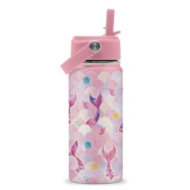 Imagem de ROVOZAR Garrafa de água sereia para meninas - Sereias 473 ml Garrafa de água de aço inoxidável com canudo - Copo isolado com cauda de sereia fofo - Copo infantil de sereias rosa para escola, esportes