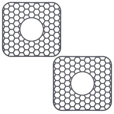 Imagem de Pacote com 2 protetores de pia de silicone para pia de cozinha com acessório de ralo central, tapete antiderrapante resistente ao calor para fundo de porcelana de aço inoxidável, lavável na
