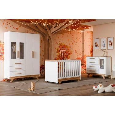Imagem de Quarto Infantil Completo Retrô 3 Peças (1GuardaRoupa+1Berço+1Cômoda) QI112 Branco/Amendoa - Peroba
