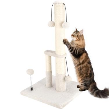 Imagem de Dimaka Poste alto para arranhar gatos, postes inferiores duplos extrestáveis, arranhador de árvore com corda de sisal e bolas de provocação, 4 bolas de base grande no total (bege)