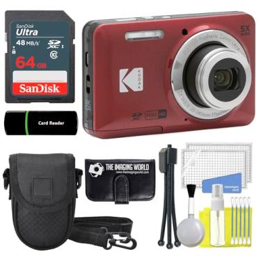 Imagem de Câmera digital Kodak PIXPRO FZ55 vermelha de 16 MP, zoom óptico de 5x, ângulo amplo de 28 mm, 1080p, câmera LCD Full HD de 2,7 polegadas + cartão e leitor de 64 GB + capa + carteira de memória + tripé