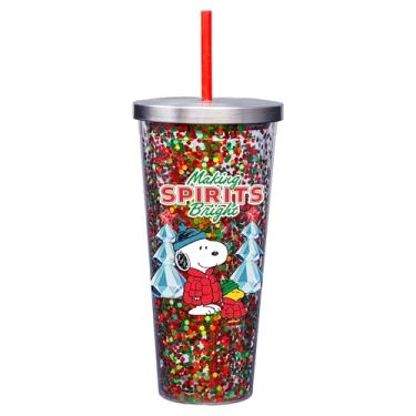 Imagem de Spoontiques Copo de glitter brilhante Peanuts Spirits - Copo de acrílico de 590 ml com canudo - Tampa de bloqueio metálico - Isolamento de parede dupla e livre de BPA
