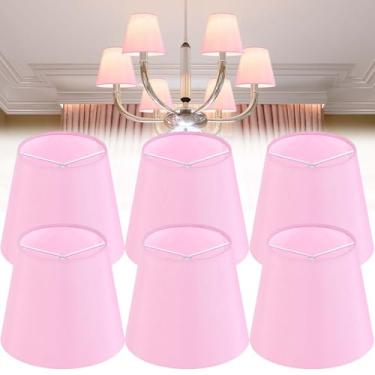 Imagem de GO&SO Conjunto de 6 abajures rosa pequenos (lâmpada de encaixe), mini abajures de seda sintética para lustre, abajur de tecido para abajur de mesa, abajur de parede estilo europeu moderno, 10 x 15 x