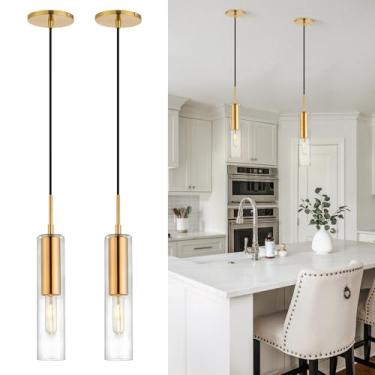 Imagem de Jonsi Luminária pendente de cilindro de vidro, luzes de ilha dourada escovada para cozinha, 1 luminária pendente mini com sombra de vidro transparente, luzes suspensas modernas para escadas, corredor