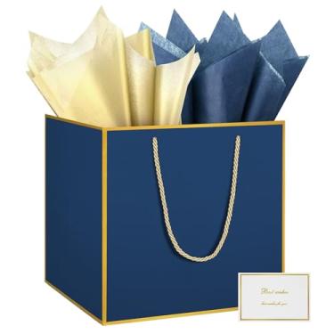 Imagem de HONTIUS Saco de presente preto extra grande de 29 cm, bolsa de presente GG quadrada azul com papel de seda e cartão para presentes de aniversário de casamento, presentes de Natal