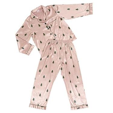 Imagem de Balla Sleep + Spa, rosa, verde, árvore, cetim, poliéster, feminino, 2 peças, conjunto de pijama de pijama de comprimento total, médio