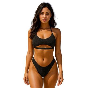 Imagem de Biquíni Feminino Top Aviador Lurex Sem Bojo Calcinha Fio Dental Asa de