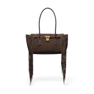 Imagem de Michael Kors Bolsa de ombro pequena Hamilton Nomad, ferragens douradas antigas/camurça franja/chocolate