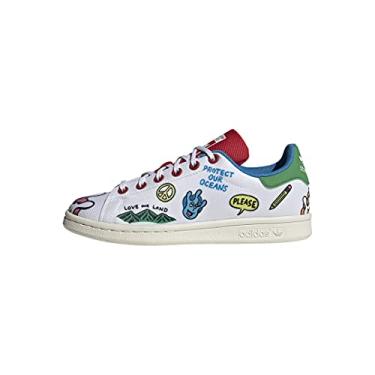 Imagem de adidas Originals Tênis infantil unissex Stan Smith (End Plastic Waste), Branco/Verde vívido/Carlet, 4.5 Big Kid