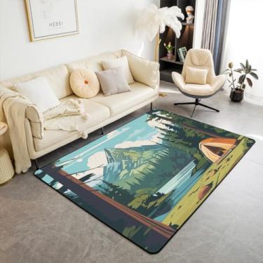 Imagem de Feelyou Tapete de edredom para meninos e meninas, 7 x 12 cm, Happy Camping, infantil, para sala de estar, quarto, tema de natureza, tapete decorativo, montanha, adolescentes