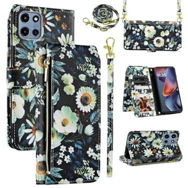 Imagem de Dswteny Capa carteira para Motorola Moto G 5G 2025 com alça de pulso removível, zíper floral couro PU suporte suporte para cartão acessórios capa de celular para G5G 5 G G5 mulheres homens preto