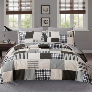 Imagem de Jogo de cama king size com edredom xadrez de patchwork - 7 peças em uma bolsa, conjunto de cama de microfibra macia e fofa reversível (1 edredom, 1 lençol de cima, 1 lençol com elástico, 2 fronhas, 2