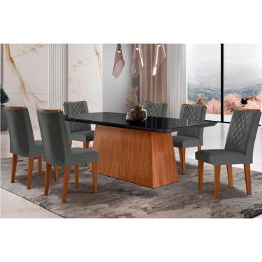 Imagem de Sala de Jantar Completa Luna c/ Tampo de Vidro Canto Curvo 180x90cm e 6 cadeiras Jade Imbuia/Grafite - Suede Grafite - Rufato