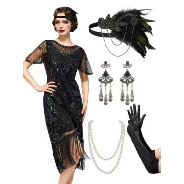Imagem de Vestido SWEETV Great Gatsby 1920s para mulheres preto tamanho S