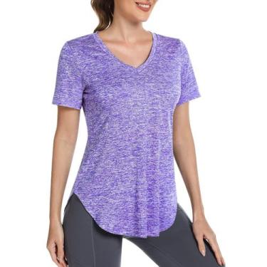 Imagem de Camisa de treino Alovien feminina de manga curta com decote em V roxa